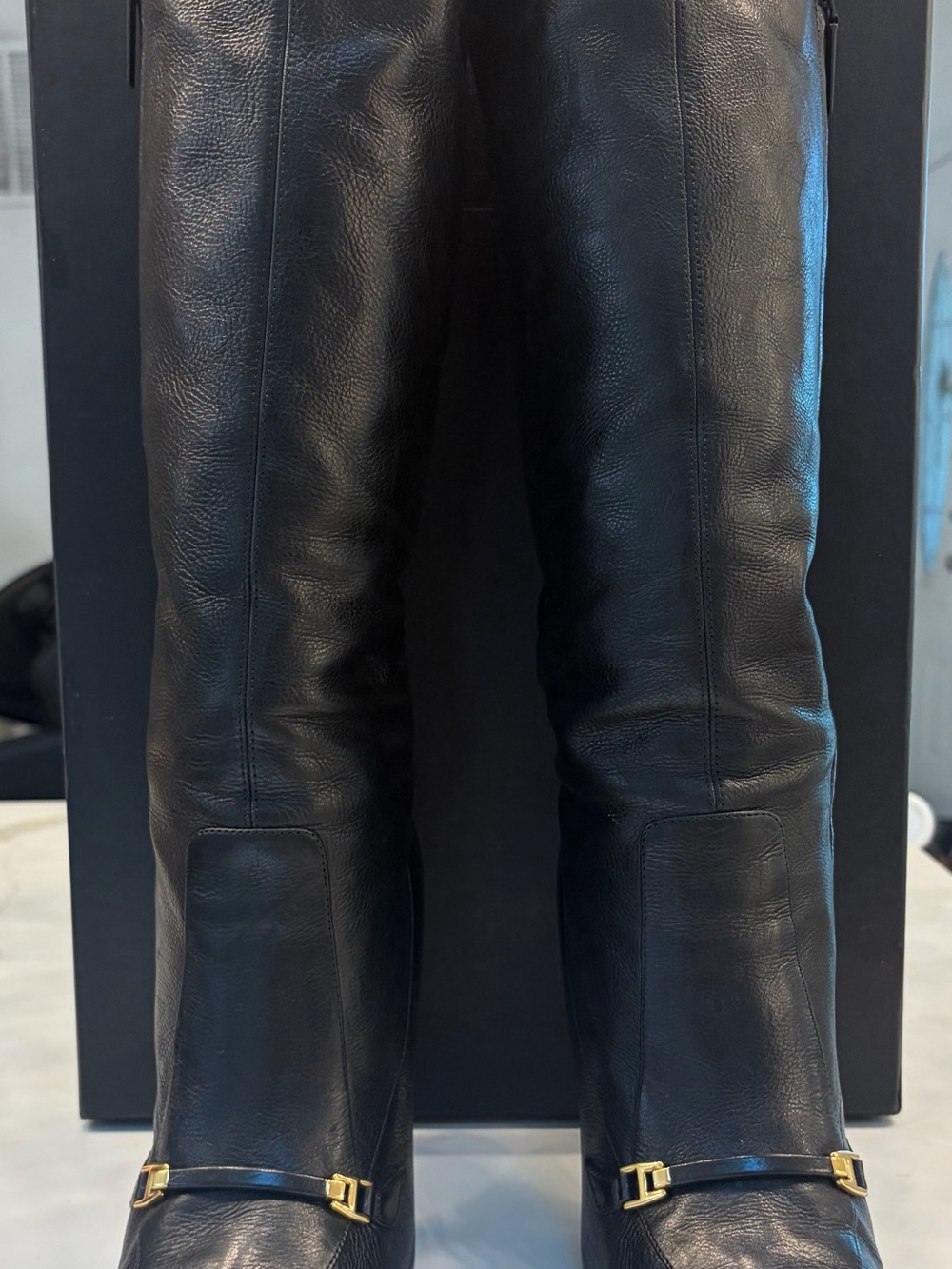 Saint Laurent Black Leather Heeled Riding Boots with Gold Buckle